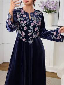 Al Najma Velvet Patchwork Mesh Embroidered Blue Elegant Dress - Multicolor - View 1