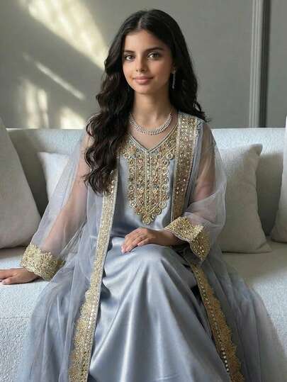 SHEIN Teen Girls' Elegant Gray Solid Color Dress With Luxurious Gold Applique Trim, Abayas, Suitable For Spring/Summer Vacation Teenager Dress Abaya Girls Party Dress Arabic Dress For Girls Abaya Sets Girls Gold Embroidered Dress