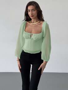 Aloruh Ruched Collar Cinched Waist Flared Hem Textured Fabric Long Sleeve Blouse For Women - Green - View 3