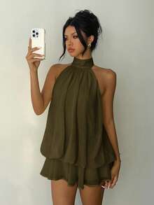 Aloruh Women's Elegant Light Yellow Halter Tie Mini Dress - Army Green - View 4