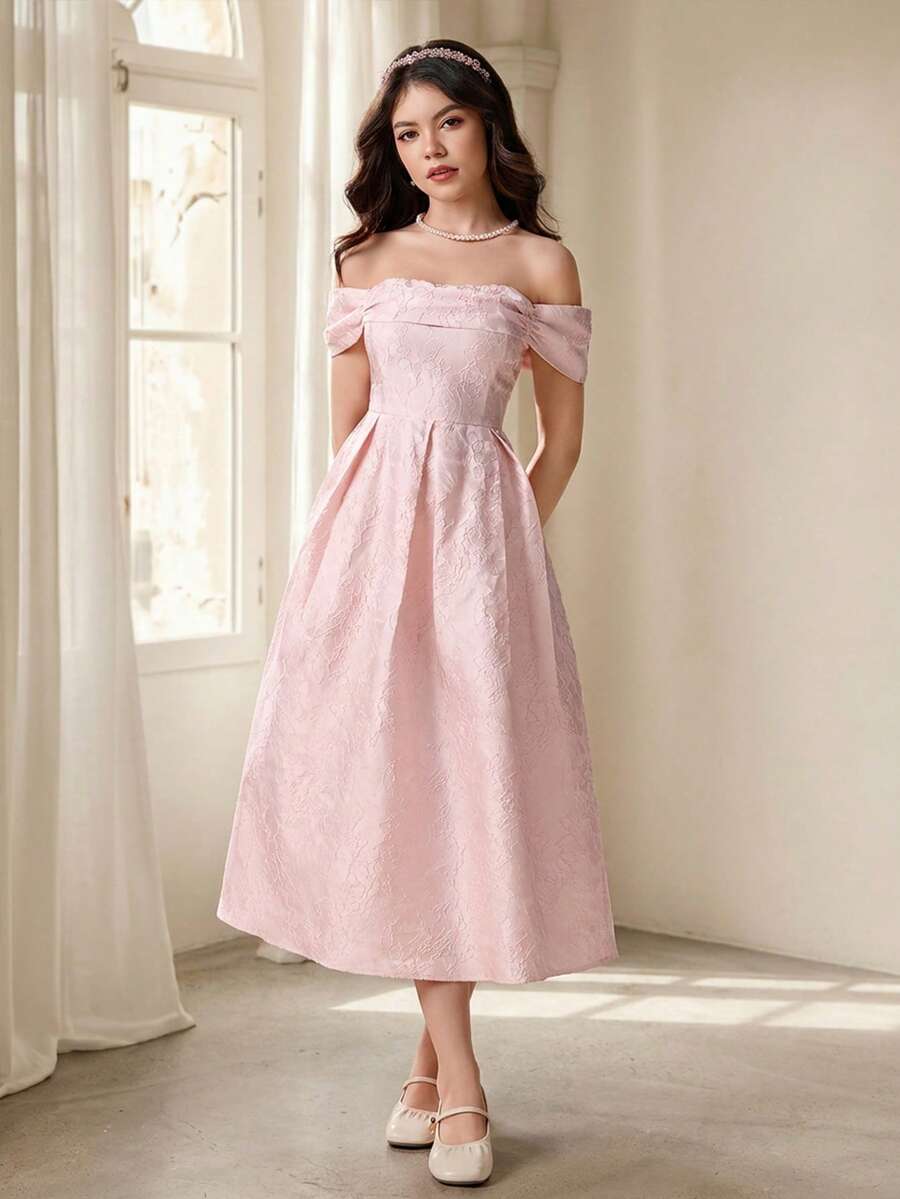 SHEIN Pitira 少女提花露肩优雅连衣裙，粉色 - 粉色 - 查看 1