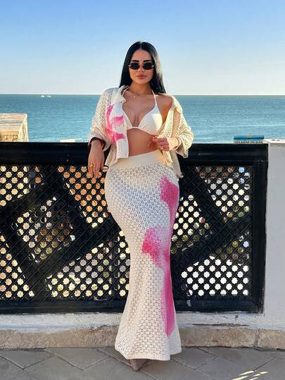 EURMUSE Black And Pink Floral Print Mesh Beach Cover Up Maxi Dress With Half Sleeve And Sheer Detail For Women