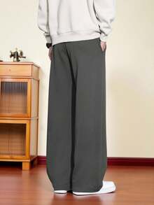 Manfinity Hypemode Men's Letter Print Drawstring Waist Pockets Wide Leg Loose Casual Pants - Dark Grey - View 2