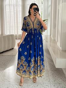 Lacomfia Đầm dự tiệc dài thanh lịch dành cho nữ, cổ chữ V, in hoa, thắt eo. - Màu xanh lam - Xem 3