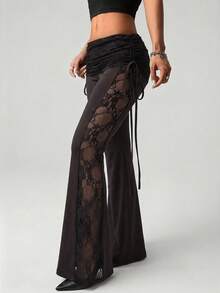 SHEIN ICON 女士黑色蕾丝侧拼接腰部抽绳喇叭裤，性感度假风