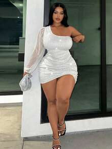 Slaydiva Plus Size Women Solid Color Sequin Contrast Mesh Lantern Sleeve Sexy Elegant Dress - White - View 2