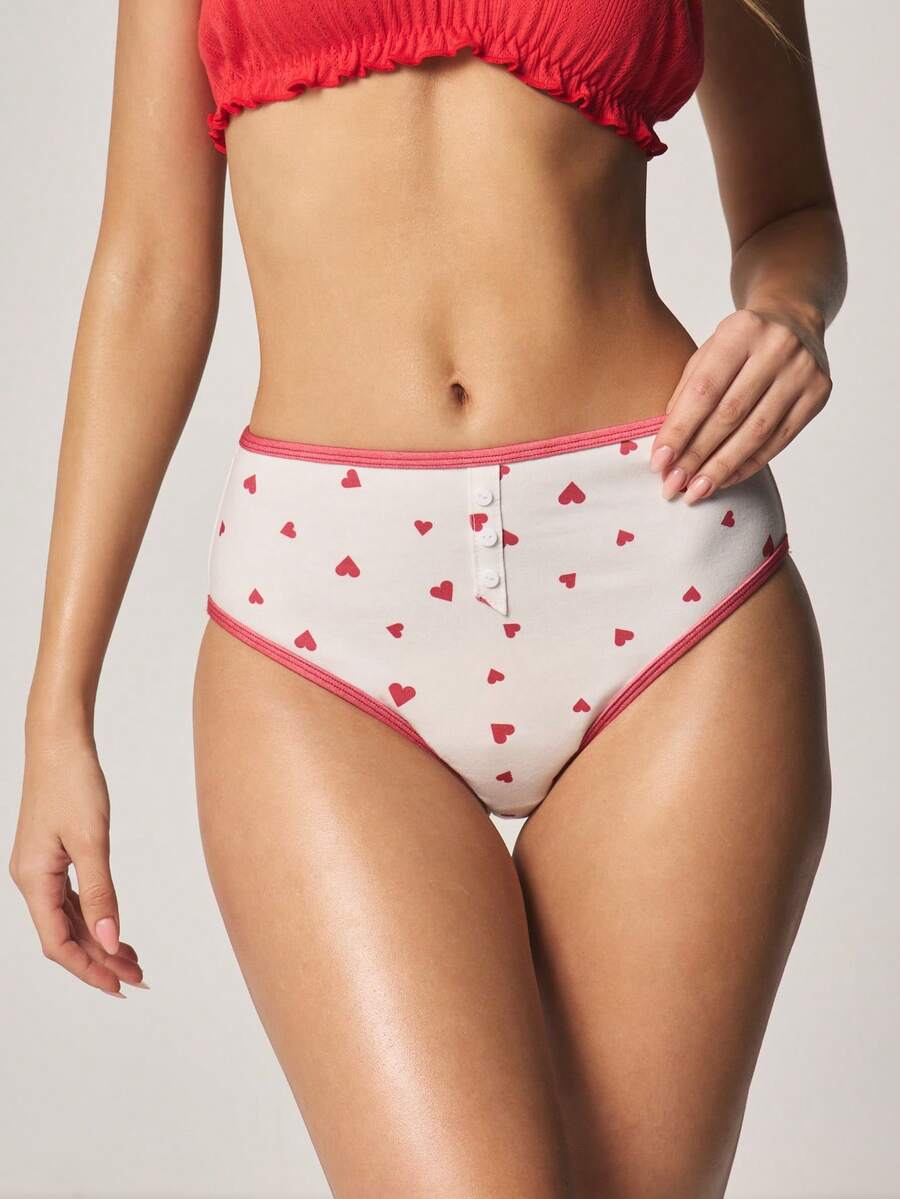 MISSGUIDED 高腰爱心印花三角裤，撞色滚边，纽扣前襟设计，情人节浪漫假日内衣之选 - 彩色 - 查看 1