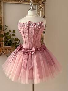 Lovelzi Elegant Dusty Pink Romantic Lace & Mesh Puff Skirt Bandeau Boned Bodice With Detachable Bow Tie Back Adjustable Straps, Suitable For Beach, Date, Birthday, Party, Graduation, Wedding, Prom - Dusty Pink - View 6