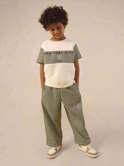  SUMWON Oversized Boys Colorblock T-Shirt And Jogger Set With New York City Print Short Sleeve Crew Neck Top Wide Leg Sweatpants Casual Comfort Wear Vacation