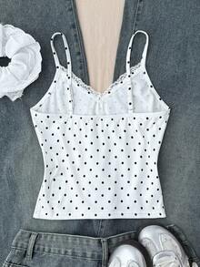 SHEIN 少女白色波点蕾丝边吊带背心，休闲可爱叠穿背心，春夏款 - 白色 - 查看 2
