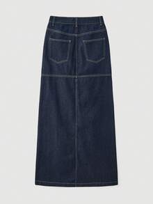 Maija Women's Blue Denim Low-Waisted Long Skirt Straight Skirt With Front Slit - Dark Wash - View 4