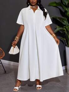 SHEIN CURVE+ Curve 尺码 US22 音乐节、海滨度假、波西米亚风夏季新品 休闲通勤纯白色宽松短袖V领褶皱A字长款衬衫裙 - 白色 - 查看 3