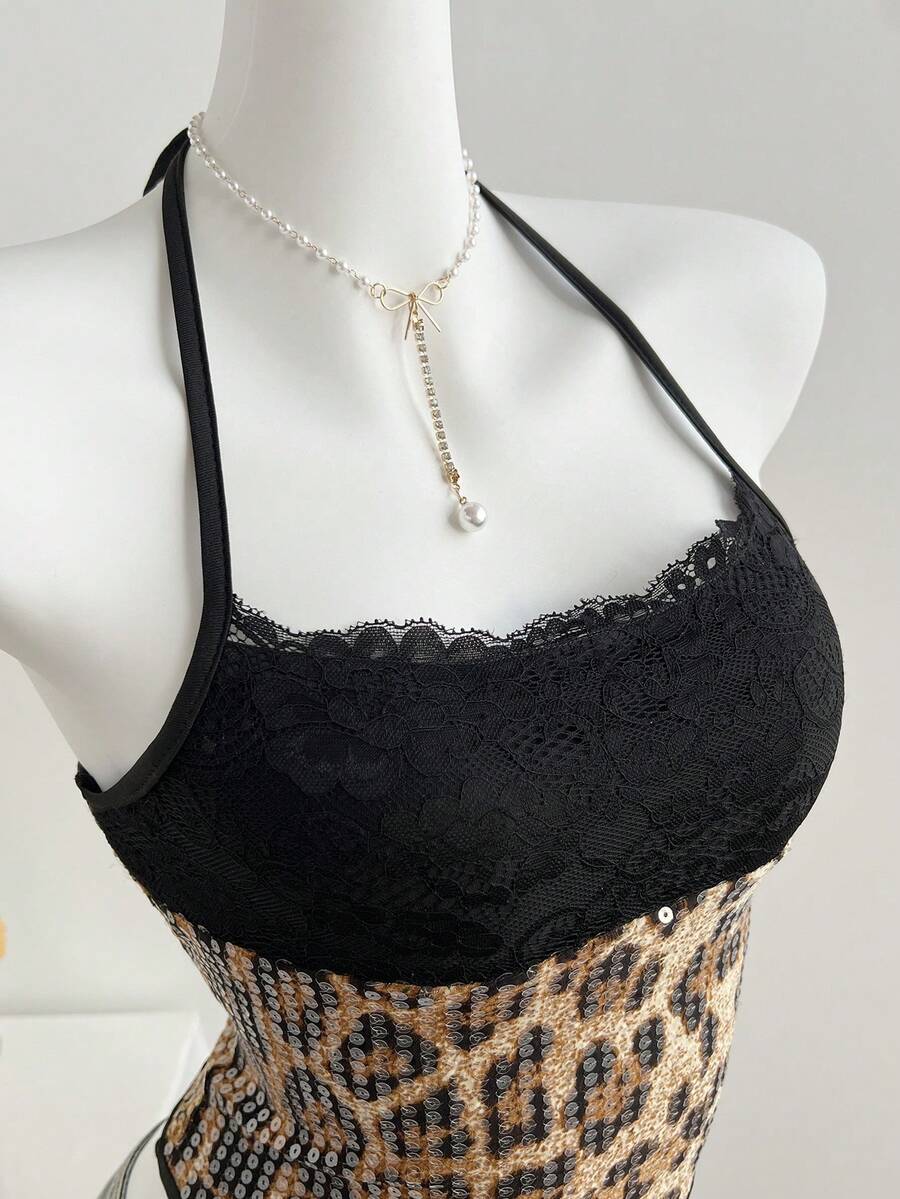 Elamini 女士性感蕾丝拼接豹纹串珠吊带背心，性感炸弹风 - 彩色 - 查看 1