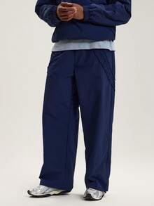 Musero Quần thể thao dáng rộng, cạp chun co giãn, chi tiết nhún bèo, chất liệu shell, bộ đồ thể thao mùa Xuân Hè, phong cách đường phố. - Màu xanh hải quân - Xem 2