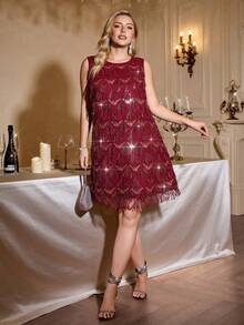 Auralis 大码女装时尚，优雅舒适宽松亮片黑色无袖性感透视连衣裙，派对礼服，女士性感夜店礼服，嘉年华礼服，串珠礼服，黑色连衣裙，女士演唱会礼服，派对礼服 - 酒紅色 - 查看 6