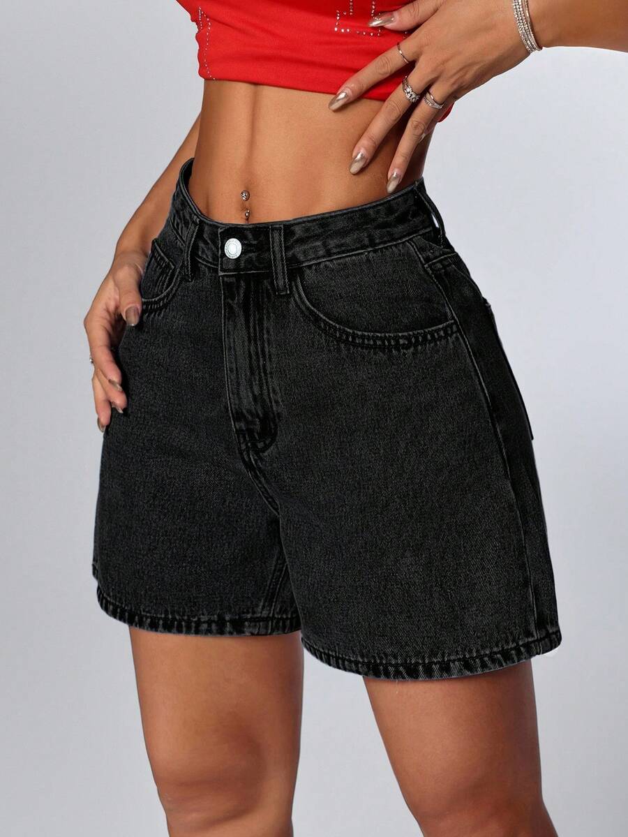 SHEIN PETITE Quần short denim dáng rộng thoải mái dành cho nữ, có túi. - Màu xám đen - Xem 1