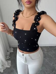 Elenzga Elegant French Jewel Decor Rhinestone Camisole Sleeveless Knit Elastic Bodycon Tight Black Top, Fashionable For Vacation Wear, Layering Or Standalone, Spring/Summer Women Top Ribbed Top Studded Top Ruffle Top - Black - View 1
