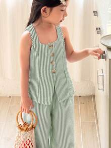SHEIN Young Girl Casual Street Chic Commuting Fashion Striped Square Neck Sleeveless Top And Straight Leg Pants Set - Green - View 3
