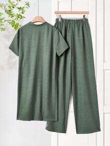 Rusticease Women's V-Neck Geometric Print Long Sleeve Top And Wide Leg Pants Casual Outfit - Army Green - View 2