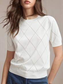 BizChic 新款春夏圆领菱形镂空图案防起球丝滑针织女式上衣，休闲百搭日常穿着 - 白色 - 查看 1