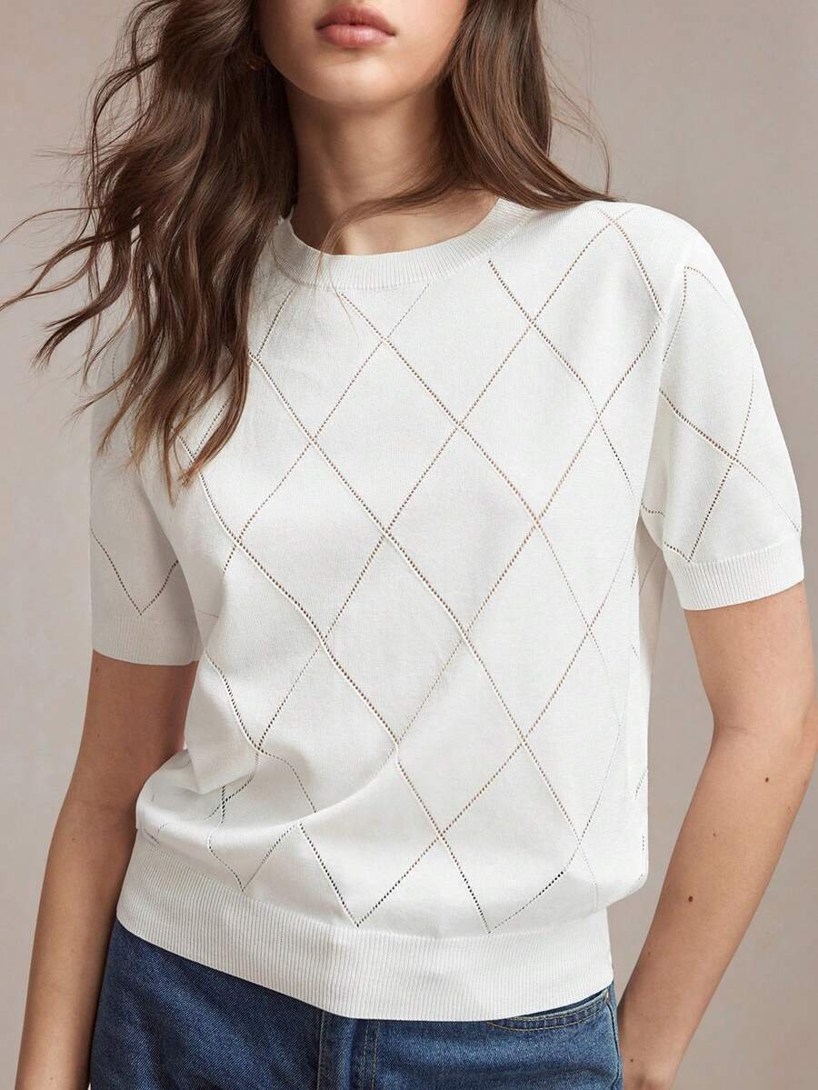 BizChic 新款春夏圆领菱形镂空图案防起球丝滑针织女式上衣，休闲百搭日常穿着 - 白色 - 查看 1