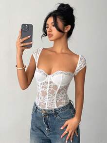 Aloruh Áo liền thân gợi cảm cổ tim tay ngắn ren hoa dành cho nữ - trắng - Xem 6