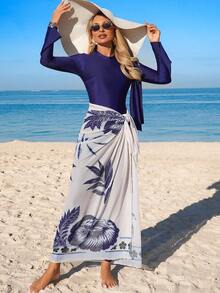 Swim Mulvari Bộ đồ bơi Burkini tay loe 3 món dành cho nữ đi biển - Màu xanh hải quân - Xem 3