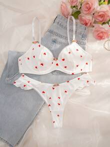 2pcs/Set Women Heart Print Underwire Soft Cup Comfortable Bra Set - White - View 6