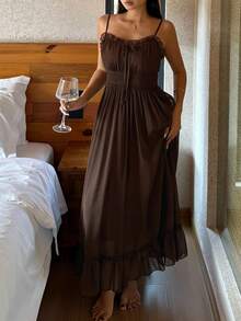 DAZY 浪漫雪纺褶皱吊带高腰荷叶边下摆女式长裙