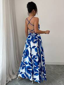 SHEIN Tall Leaf Print Backless Criss-Cross Strap Pocket Dress For Women, Vacation - Blue - View 2