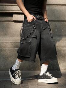 Manfinity EMRG Men's Pocketed Button Casual Cargo Cropped Wide Leg Jeans, Versatile For Commuting And Outings - Black - View 1