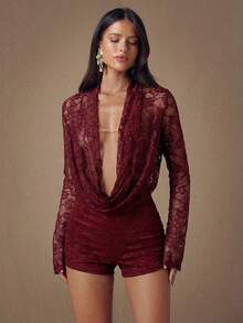 SHEIN BAE Bộ áo liền quần ren cổ khoét sâu màu trơn gợi cảm thời trang dành cho nữ - Màu Đỏ Sâu - Xem 4