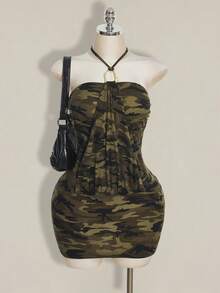 SHEIN ICON Plus Size Retro Sexy Country Y2K Streetwear Camouflage Halter Bodycon Mini Dress For Women Neck Camo Casual Date Night Rave Concert Olive Green Summer - Multicolor - View 8