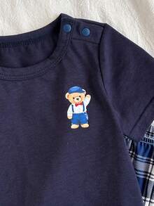 Loomiva 新生女宝宝卡通熊图案针织柔软圆领短袖上衣和格子松紧腰裤两件套 - 彩色 - 查看 4