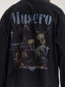 Musero Crew Neck Long Sleeve Drop Shoulder Large Back Graphic Print Tshirt SPRING SUMMER Essentials - Black - View 2