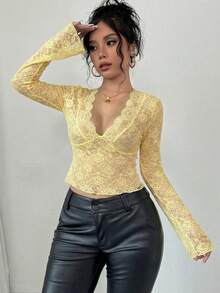 Firerie Women's Black V-Neck Lace Patchwork Flare Sleeve Lace Blouse - Light Yellow - View 6