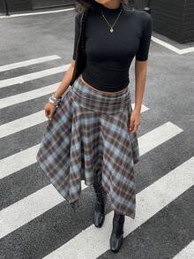 Aloruh 女士春夏新款不对称下摆格子中长裙，复古Y2K风格套装 - 藍色 - 查看 6