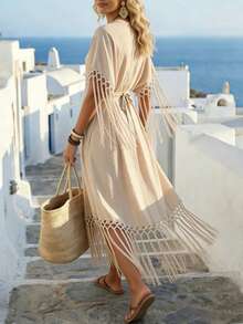 SHEIN Holidaya Vestido largo con cuello en V y decoración de flecos en la cintura para mujer - Albaricoque - Ver 2