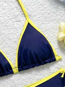 SHEIN Teen Girls' Navy Blue & Yellow Contrast Trim Halter Neck Bikini 2 Pieces Swimsuit, Spring/Summer