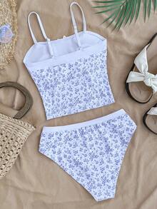 SHEIN Bộ bikini họa tiết hoa nhí buộc cổ yếm phối màu tương phản dành cho thiếu nữ, bộ bikini kín đáo. - Màu xanh lam - Xem 12