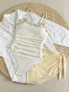 SHEIN Teen Girl Apricot Knit Jacquard Starfish Trim Camisole Jumpsuit With Cover-Up And Mini Skirt 2 Pieces Set - Apricot - View 4