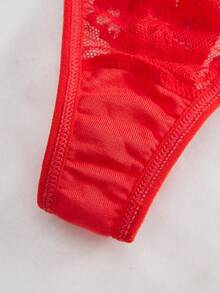 SHEIN Women Bow Decor Hollow-Out Sexy Lace Bodysuit Bowknot For Going Out, Baddie Look - Red - View 3