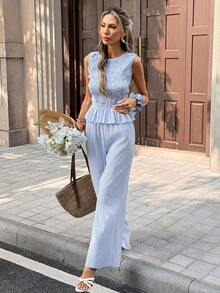 Chiquease French Vintage Women's Blue And White Stripe Sleeveless Co-Ord Set,Summer Smocked Peplum Top & Wide-Leg Pants,Casual Vacation Holiday Office Two Piece - Blue - View 5