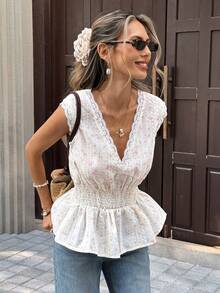 Pariaura 女士法式度假风蕾丝拼接褶皱无袖收腰休闲印花衬衫，春夏款 - 杏色 - 查看 5