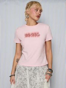 COUREZ “爱我”印花短袖缩水T恤 / Y2K 春季可爱性感女式上衣 粉色外出派对上衣 约会之夜 情人节 - 粉色 - 查看 6