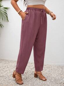 SHEIN Frenchy 大码度假纯色打结休闲裤，带口袋 - 藕粉色 - 查看 2