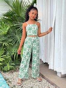 Tween Girl Vacation Bohemian Totem Floral Camisole Top + Loose Straight Leg Pants Woven Top Set - Army Green - View 4