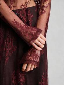 Ontre Women's Burgundy Lace Fabric Fitted Waist Long Dress, Urban Chic Business Casual Elegant Versatile Everyday Dress, Party Cocktail Dress For Summer - Burgundy - View 5