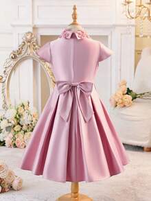 SHEIN Tween Girl Casual Elegant 3D Floral Collar Waist Cinched Dress, Princess Dress, Pink Party Dress Suitable For Party, Wedding, Holiday, Pink Dress, Wedding Season, Birthday Party, Valentine's Day, Pink Flower Collar Dress, Pink Puffy Dress Girls, Pink Formal Dress For Kids, Elegant Pink Dress Kids, Girls Collared Dress - Pink - View 7