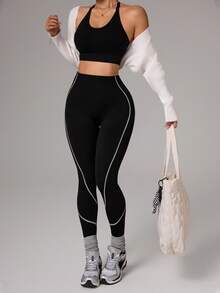 Dewbera 1 chiếc quần legging nữ không đường may, cạp cao, phối sọc tương phản, thích hợp cho chạy bộ, tập thể dục, yoga. - Đen và trắng - Xem 3